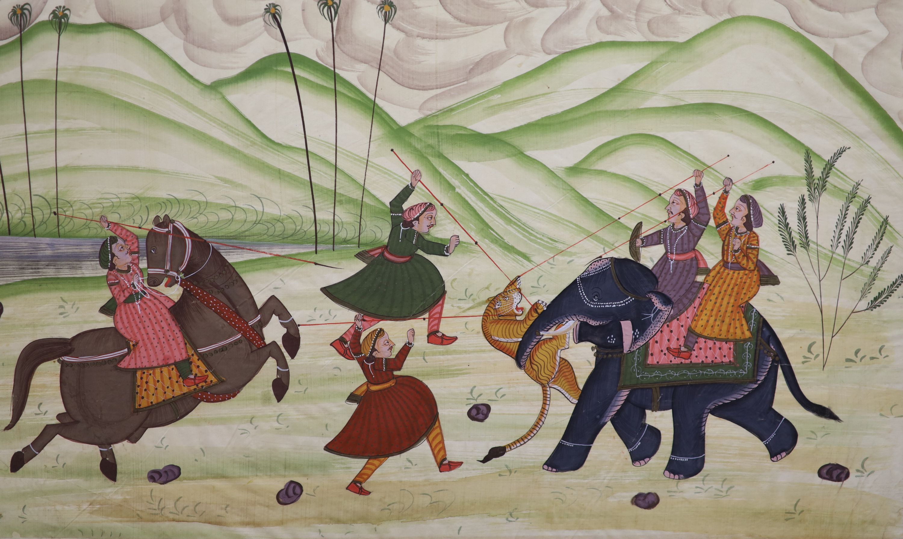 Indian School, pair of gouache on fabric, Tiger hunting scenes, 40 x 66cm, unframed, but wrapped around the stretcher